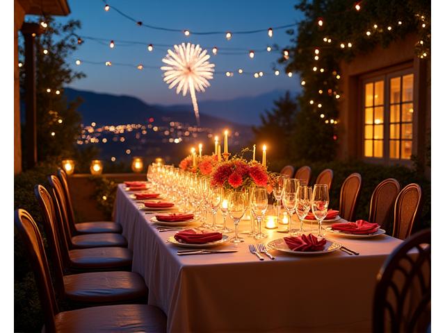 Table de gala élégante dressée pour un événement privé dans un jardin illuminé, avec des feux d'artifice en arrière-plan, décrivant l'organisation d'événements privés d'Évasion Privée